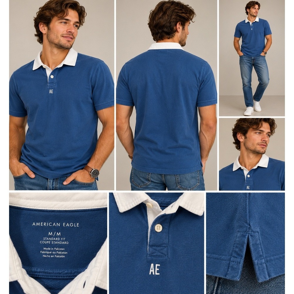 American Eagle Rugby Polo Men M Blue Excellent Preppy Americana Short Sleeve AE
